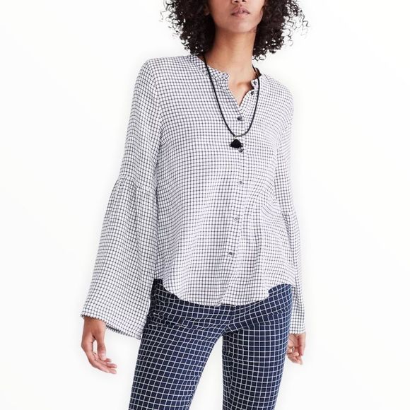 Madewell Bell Sleeve Button Down Shirt Blouse in Black White Windowpane size L - Picture 1 of 15